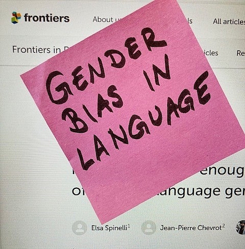 Bild der verlinkten Homepage mit einem Post-It überklebt, Aufschrift: "Gender Bias in language"