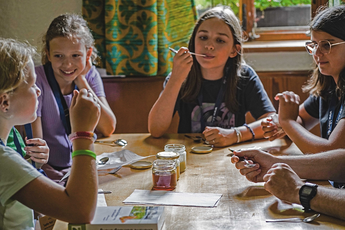 Kinder am Tisch probieren Honigsorten